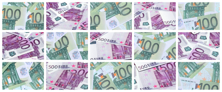 A collage of many images of hundreds of dollars and euro bills lying in a pileの写真素材