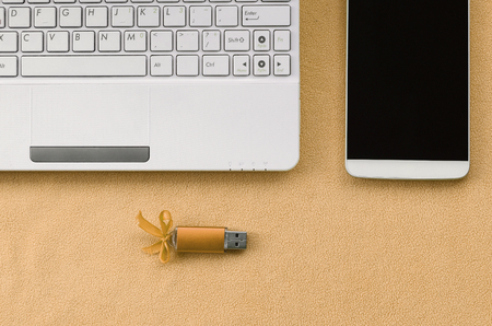 Orange usb flash memory card with a blue bow lies on a blanket of soft and furry light orange fleece...