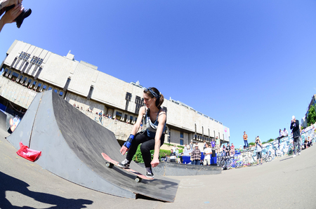 KHARKIV, UKRAINE - 27 MAY, 2018: Skateboarding contest in outdoors skate park during the annual festival of street cultures.のeditorial素材
