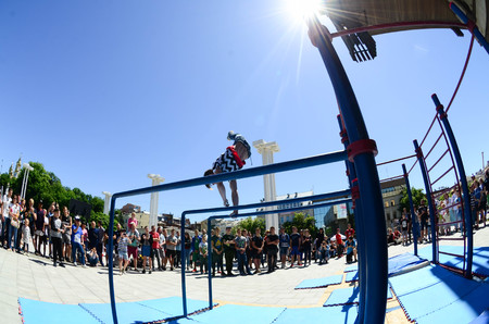 KHARKIV, UKRAINE - 27 MAY, 2018: Street workout show during the annual festival of street cultures.