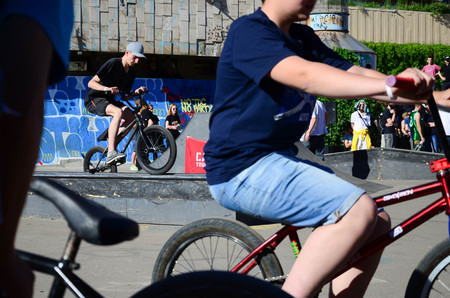 KHARKIV, UKRAINE - 27 MAY, 2018: Freestyle BMX riders in a skatepark during the annual festival of street cultures.のeditorial素材