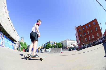 KHARKIV, UKRAINE - 27 MAY, 2018: Skateboarding contest in outdoors skate park during the annual festival of street cultures.のeditorial素材