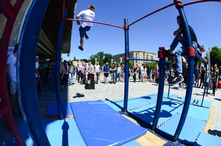 KHARKIV, UKRAINE - 27 MAY, 2018: Street workout show during the annual festival of street cultures.