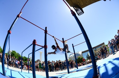 KHARKIV, UKRAINE - 27 MAY, 2018: Street workout show during the annual festival of street cultures.のeditorial素材