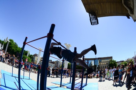 KHARKIV, UKRAINE - 27 MAY, 2018: Street workout show during the annual festival of street cultures.のeditorial素材