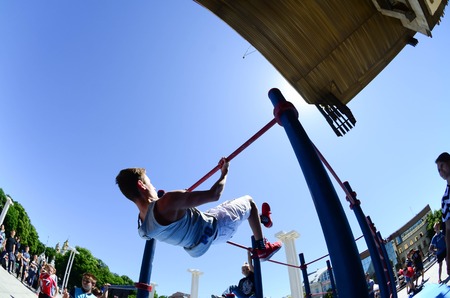 KHARKIV, UKRAINE - 27 MAY, 2018: Street workout show during the annual festival of street cultures.のeditorial素材