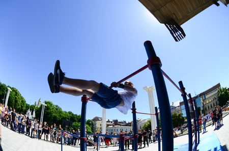 KHARKIV, UKRAINE - 27 MAY, 2018: Street workout show during the annual festival of street cultures.のeditorial素材