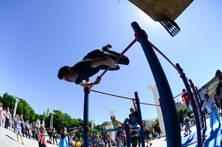 KHARKIV, UKRAINE - 27 MAY, 2018: Street workout show during the annual festival of street cultures.のeditorial素材