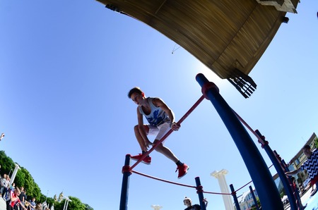 KHARKIV, UKRAINE - 27 MAY, 2018: Street workout show during the annual festival of street cultures.のeditorial素材