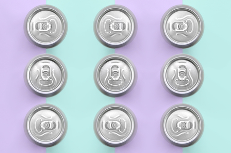 Many metallic beer cans on texture background of fashion pastel violet and blue colors paper in minimal concept.の写真素材