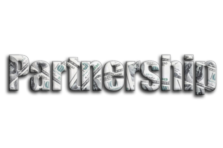 Partnership. The inscription has a texture of the photography, which depicts a lot of US dollar bills.の写真素材