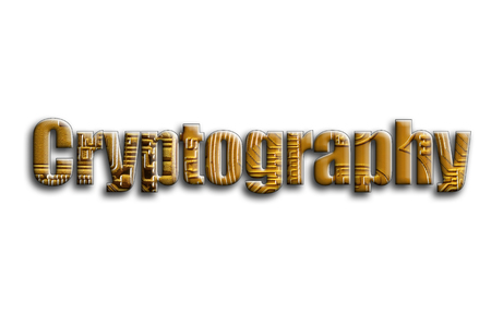 Cryptography. The inscription has a texture of the photography, which depicts several bitcoins.