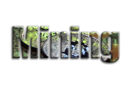 Mining. The inscription has a texture of the photography, which depicts several bitcoins on a...