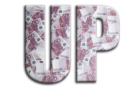 UP. The inscription has a texture of the photography, which depicts a lot of 500 euro money bills.