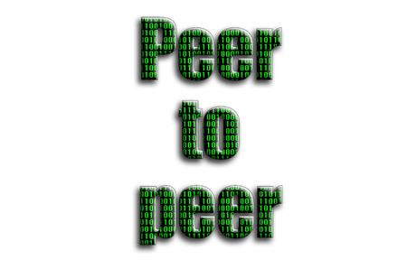 Peer to peer. The inscription has a texture of the photography, which depicts the green binary code.
