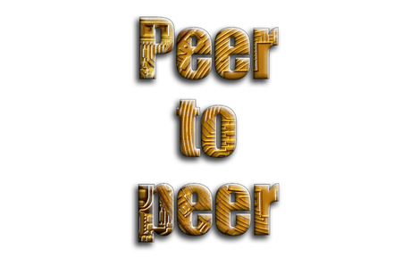 Peer to peer. The inscription has a texture of the photography, which depicts several bitcoins.
