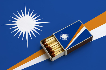Marshall Islands flag  is shown in an open matchbox, which is filled with matches and lies on a large flag.の写真素材