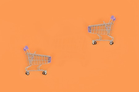 Shopping addiction, shopping lover or shopaholic concept. Small empty shopping cart lies on a pastel colored paper background. Flat lay minimal composition, top view.の写真素材