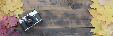 The old camera among a set of yellowing fallen autumn leaves on a background surface of natural wooden boards of dark brown colorの写真素材