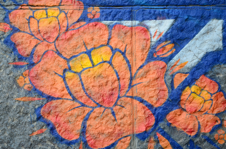 Fragment of graffiti drawings. The old wall decorated with paint stains in the style of street art culture. Orange flower.の写真素材