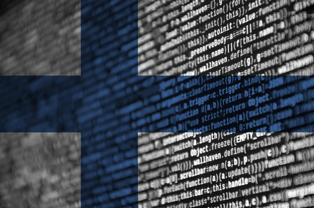 Finland flag  is depicted on the screen with the program code. The concept of modern technology and site development.の写真素材