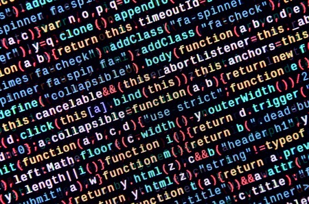 Javascript functions, variables, objects. Monitor closeup of function source code. IT specialist...