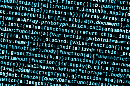 JavaScript code in text editor. Coding cyberspace concept. Screen of web developing javascript code....