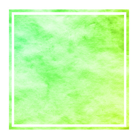 Green hand drawn watercolor rectangular frame background texture with stains. Modern design elementの写真素材