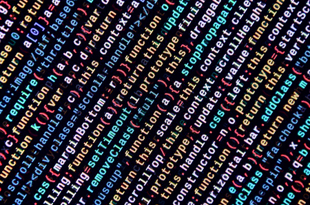 Javascript functions, variables, objects. Monitor closeup of function source code. IT specialist workplace. Big data and Internet of things trend. HTML website structure. Website programming codeの写真素材