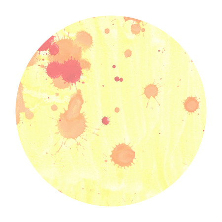 Warm yellow hand drawn watercolor circular frame background texture with stains. Modern design elementの写真素材