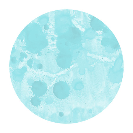 Light blue hand drawn watercolor circular frame background texture with stains. Modern design elementの写真素材