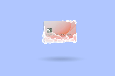 Frozen red credit card in a blocks of ice on lilac background. The concept of instant freezing of a credit card or bank account for security purposes.の写真素材