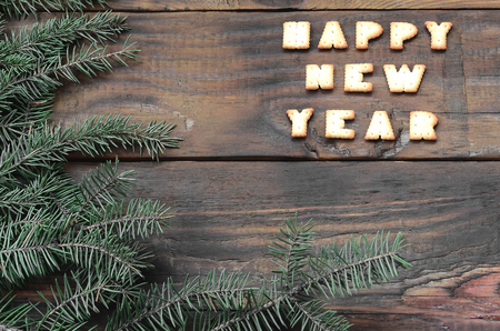 Christmas holiday card with tangerines, cracker text and fir branches with copy space. Top view, flat layの写真素材