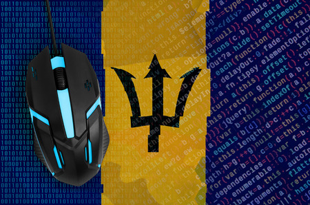 Barbados flag  and modern backlit computer mouse. The concept of digital threat, illegal actions on...