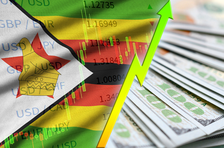 Zimbabwe flag and chart growing US dollar position with a fan of dollar bills. Concept of increasing value of US dollar currencyの写真素材