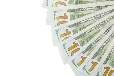 A border of American money isolated on white with copy space. Money Border of hundred dollar bills