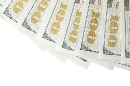 A border of American money isolated on white with copy space. Money Border of hundred dollar billsの写真素材