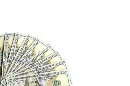 A border of American money isolated on white with copy space. Money Border of hundred dollar billsの写真素材