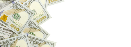 A border of American money isolated on white with copy space. Money Border of hundred dollar billsの写真素材