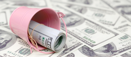A bundle of US dollars in a metal pink pail on a set of dollar bills. The concept of abundance and...