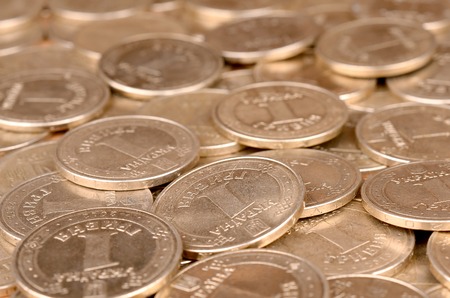 Large pile of big golden coins. Financial success money background for rich life concepts, banking and profit in Ukraineの写真素材