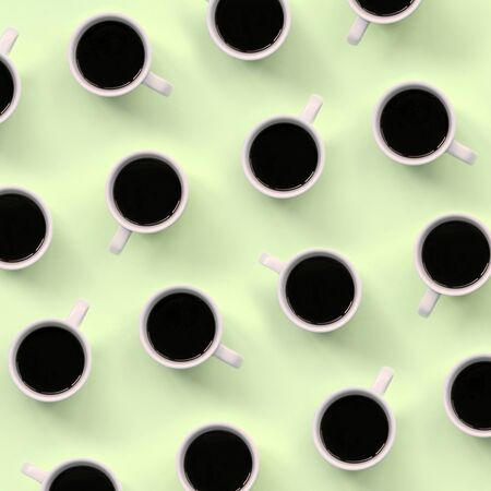Many small white coffee cups on texture background of fashion pastel lime color paper in minimal concept.の写真素材