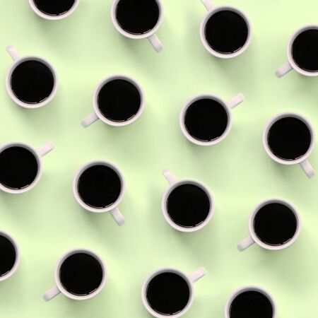 Many small white coffee cups on texture background of fashion pastel lime color paper in minimal concept.の写真素材