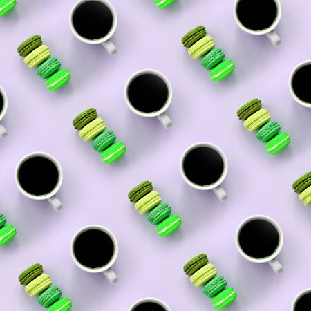 A pattern of many colorful dessert cake macaroon and coffee cups on trendy pastel lilac background top view. Flat lay composition.の写真素材
