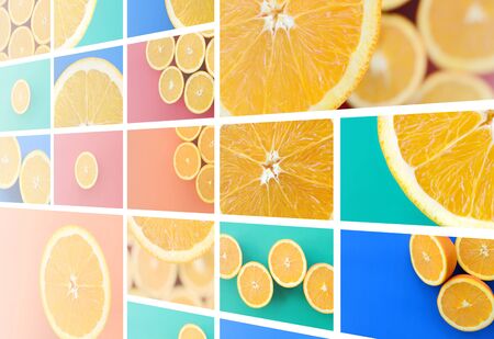 A collage of many pictures with juicy oranges. Set of images with fruits on backgrounds of different colorsの写真素材