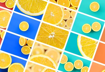 A collage of many pictures with juicy oranges. Set of images with fruits on backgrounds of different colorsの写真素材