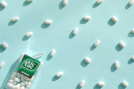 KHARKOV, UKRAINE - OCTOBER 26, 2019: Many hard mints and Tic Tac Candy package. Tic tac is popular due its minty fresh taste and easy to carry. Hard mints produced by Ferrero since 1968のeditorial素材