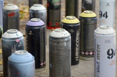 KHARKOV, UKRAINE - OCTOBER 19, 2019: Montana mtn 94 black hardcore dope and kobra used spray cans...