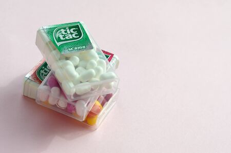 KHARKOV, UKRAINE - OCTOBER 26, 2019: Many Tic Tac Candy packages close up. Tic tac is popular due its minty fresh taste and easy to carry. Hard mints produced by Ferrero since 1968のeditorial素材
