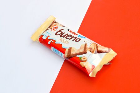 NY, USA - DECEMBER 15, 2019: Kinder Bueno white chocolate is a confectionery product brand line of Italian confectionery multinational manufacturer Ferreroのeditorial素材